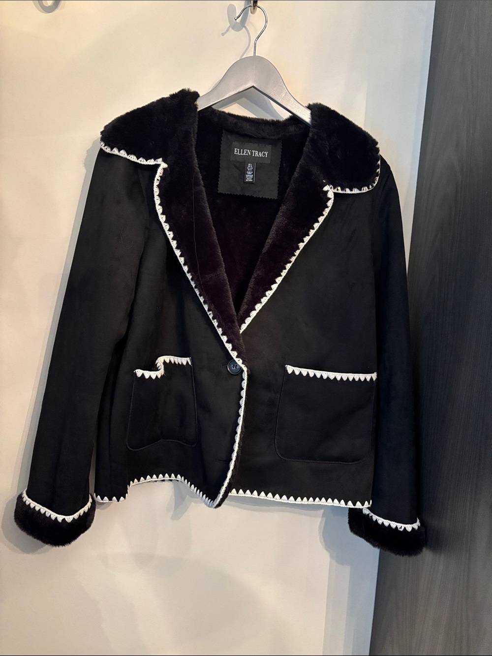 Ellen Tracy Black Faux-Shearling Jacket with White Trim